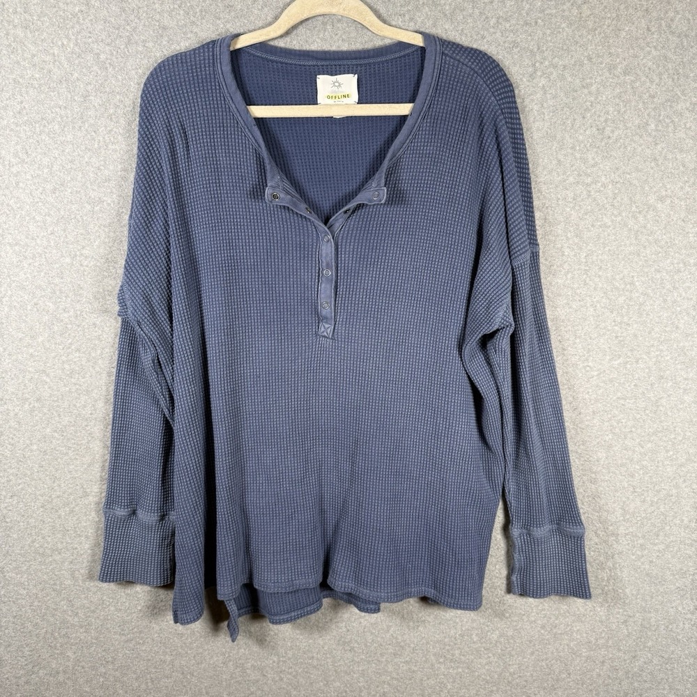 Aerie offline thermal womens large blue waffle knit cotton long sleeve shirt